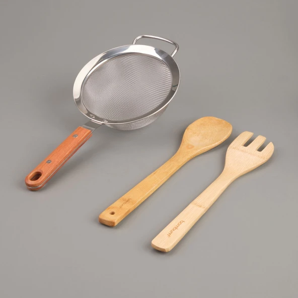 Ahşap Saplı Süzgeç - Gri / Kahverengi - 16 cm - 2