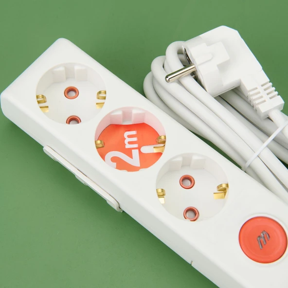 3'lü Anahtarlı Topraklı Grup Priz - Beyaz - 2 Metre - 3