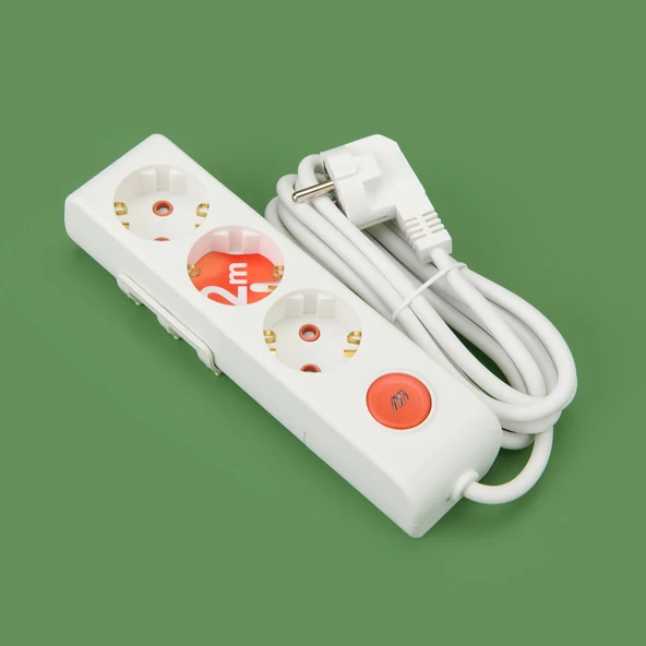 3'lü Anahtarlı Topraklı Grup Priz - Beyaz - 2 Metre - 2