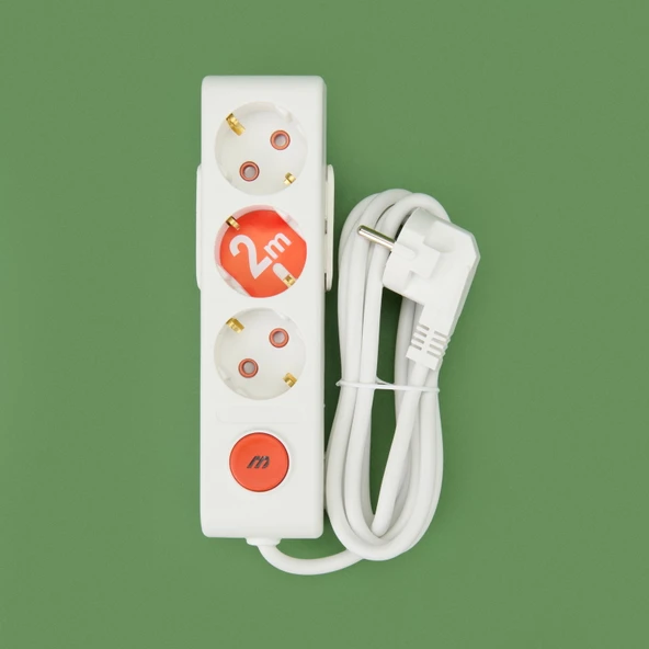 3'lü Anahtarlı Topraklı Grup Priz - Beyaz - 2 Metre