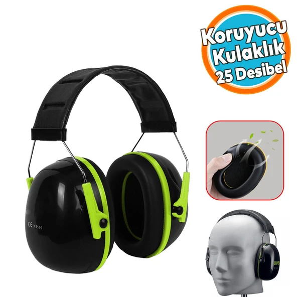 Kulaklık Siyah Yeşil Manşonlu Gürültü Önleme 25 dB Ses Koruma Kulak İşitme Koruyucu