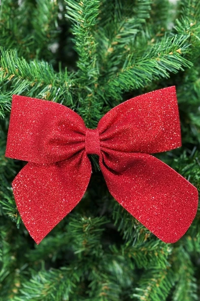 Beysüs Yılbaşı Ağacı 2'Lİ Fiyonk Kırmızı Simli Eva Kapı ve Cam Süsleme - 2