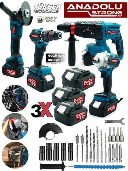 Anadolu Strong TR-1453 4'Lü Set Şarjlı Kömürsüz Motor Matkap Vidalama Kırıcı Delici Hilti Taşlama