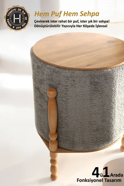 Ahşaplı Sehpa/Puf Çift Taraflı Orella WellGri - Resim 6