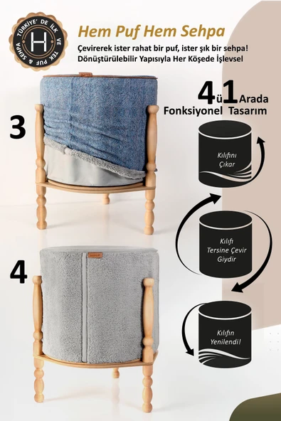 Ahşaplı Sehpa/Puf Çift Taraflı Orella WellGri - Resim 3