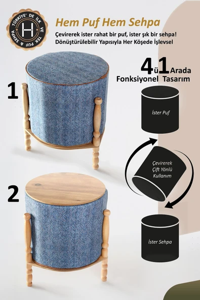 Ahşaplı Sehpa/Puf Çift Taraflı Orella WellGri - Resim 2