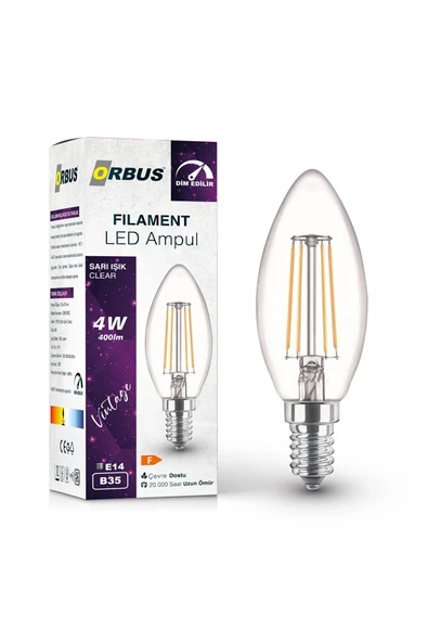 Orbus DİM Edilir LED Filament Ampul B35 4 Watt 400lm E14 Sarı Işık - 2