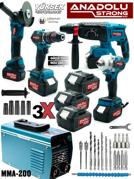 Anadolu Strong Tr-453 5'li Pro Set Kömürsüz Kırıcı Delici Matkap Vidalama Taşlama  Kaynak Makinesi