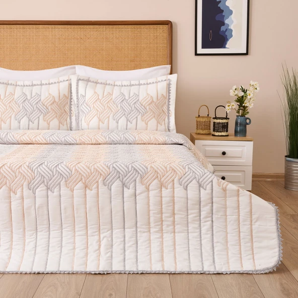 Store Ruby Çift Kişilik 3 Parça Yatak Örtüsü Seti - Vizon / Krem