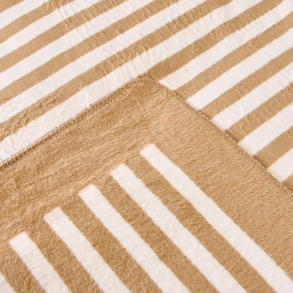 Soft Line Pamuklu Çift Kişilik Battaniye - Bej / Beyaz- 200x220 cm - 2
