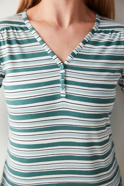 Penti Yeşil Çizgili Tişört Pijama Üstü - 4