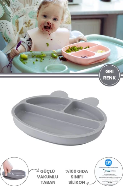Silicolife 3 Gözlü Silikon Mama Tabağı, Vakum Tabanlı Bebek Çocuk Porsiyon Tabak Gıda Sertifikalı ürün görseli 1