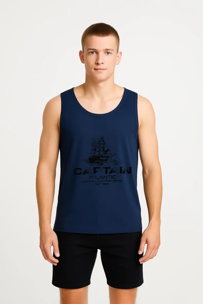 Erkek Kaptan Baskılı %100 Pamuk Kolsuz T-shirt