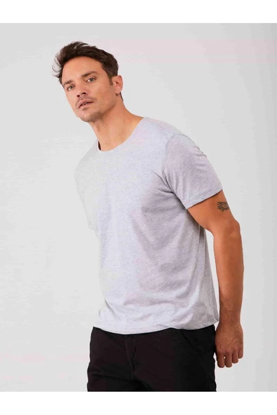 Dufy Gri Melanj Erkek Slim Fit Düz Bisiklet Yaka Tshirt - 70953 - 2