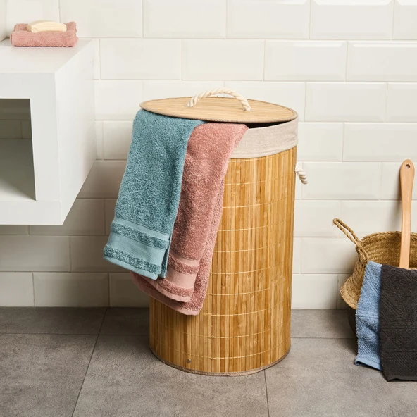 Living Katlanır Yuvarlak Bambu Kirli Çamaşır Sepeti - Bej - 60 lt - 2