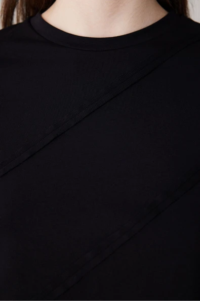 Penti Siyah Kısa Kollu Dikiş Detaylı Crop Tişört - 3