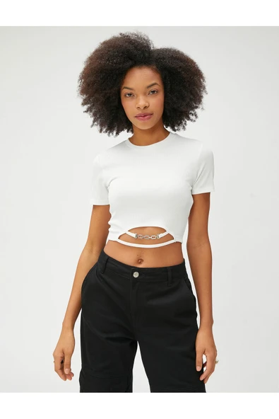 Koton Crop Tshirt Kısa Kollu Bisiklet Yaka Metal Aksesuarlı - 3
