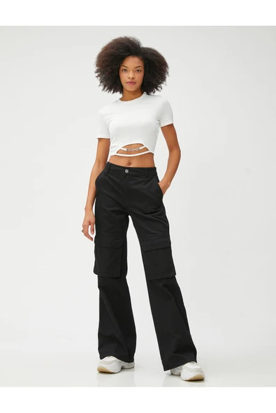 Koton Crop Tshirt Kısa Kollu Bisiklet Yaka Metal Aksesuarlı - 2