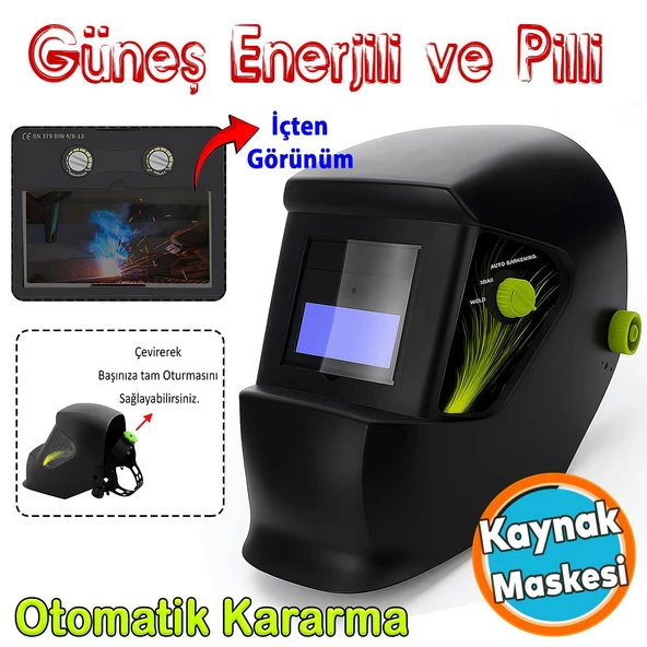 Güneş Enerjili Pilli Otomatik Kararan Solo Pro Ayarlı Baş Maskesi Siperlik Kartuşlu Kaynak Gözlüğü