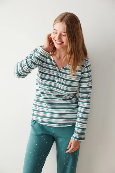 Penti Yeşil Çizgili Tişört Pijama Üstü