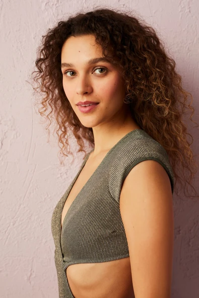 Penti Gri Joy Altın Rengi Simli Yanları Pencere Detaylı Mayokini - 2