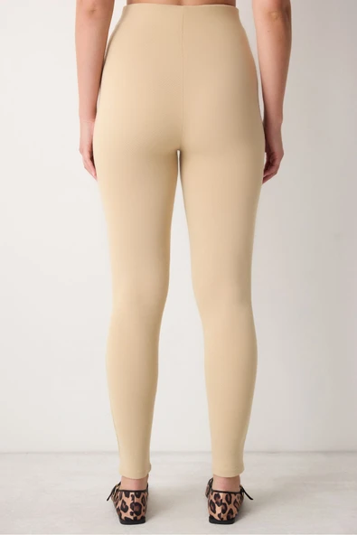Penti Bej Yüksek Bel Düğmeli Bilek Boy Tayt - 5