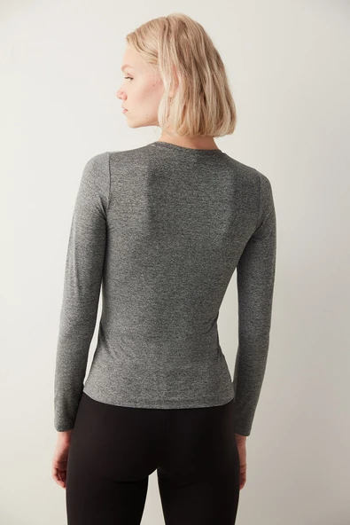 Penti Dark Grey Melange Fitted Long Sleeve Üst - 5