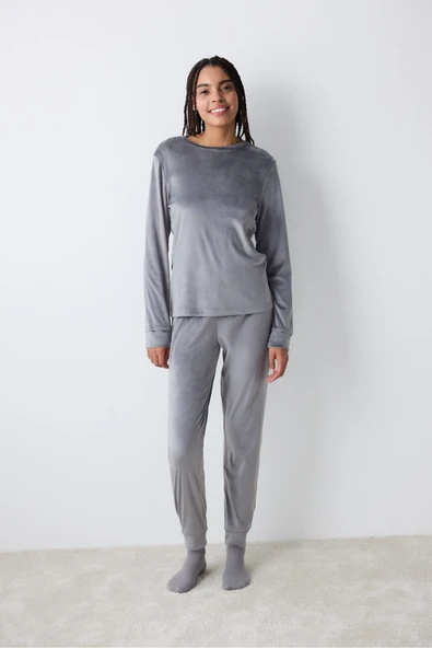 Penti Greek Fuzzy Solid Koyu Gri Sweatshirt Pijama Üstü