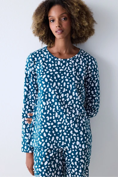 Penti Pamuklu Blue Leopard Petrol Yeşili Pantolon Pijama Takımı - 2