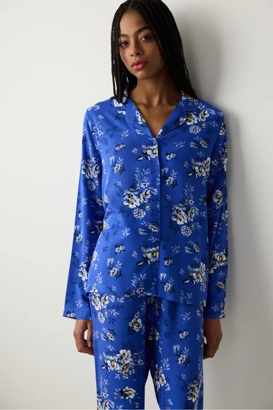 Penti Çiçek Baskılı Saks Mavisi Gömlek Pantolon Pijama Takımı - 2