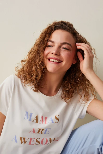 Penti Hamile Awesome Slogan Baskılı Tişört Pijama Üstü