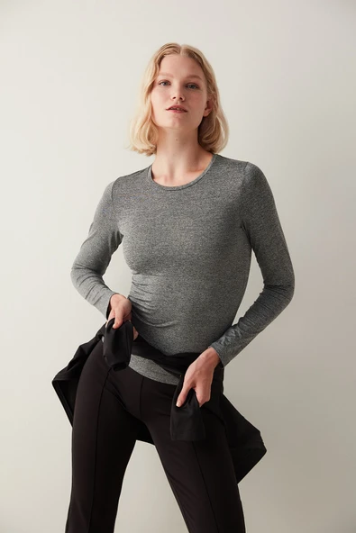 Penti Dark Grey Melange Fitted Long Sleeve Üst