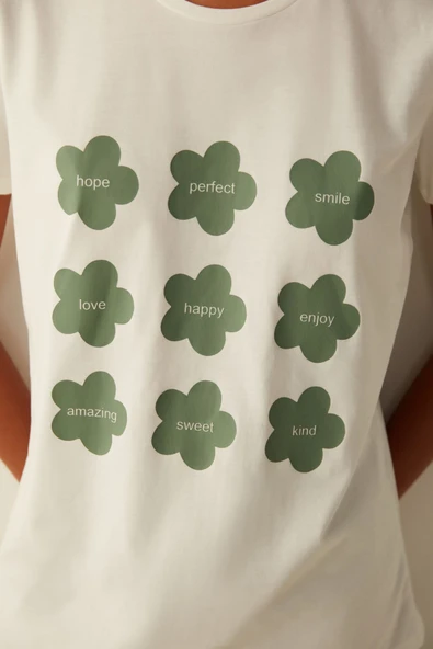 Penti Beyaz Slogan Baskılı Tişört Pijama Üstü - 3