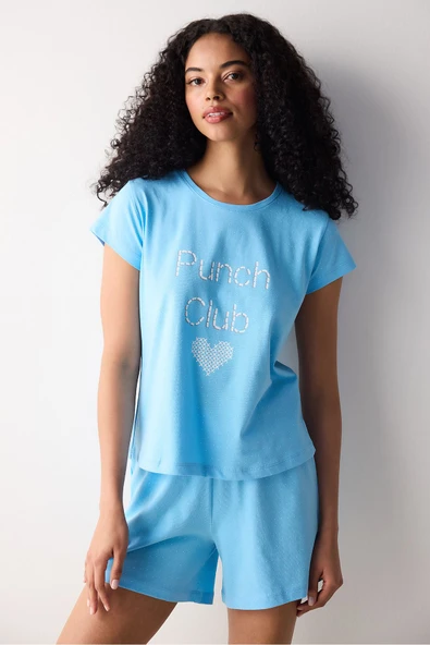 Penti Pamuklu Blue Heart Şortlu Mavi Pijama Takımı - 3