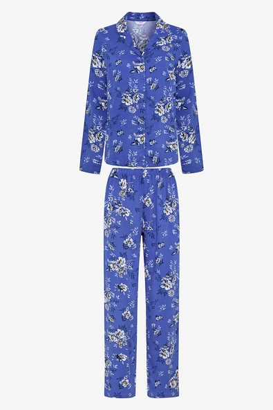 Penti Çiçek Baskılı Saks Mavisi Gömlek Pantolon Pijama Takımı