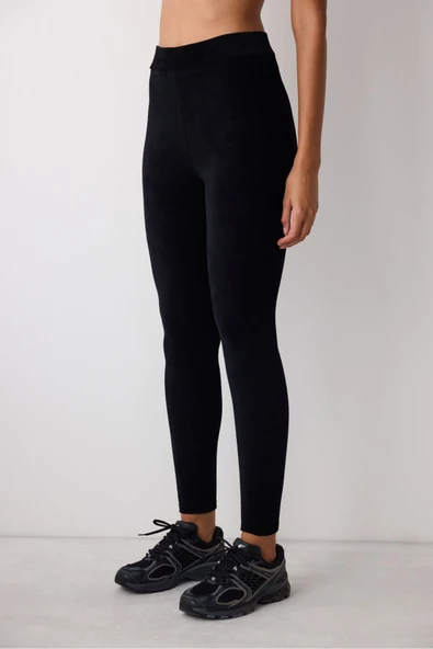 Penti Siyah Yüksek Bel Ribanalı Kadife Tayt