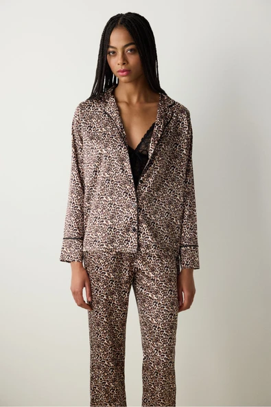 Penti Leopard Saten Açık Bej Gömlek Pantolon Pijama Takımı - 3