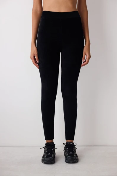 Penti Siyah Yüksek Bel Ribanalı Kadife Tayt - 2