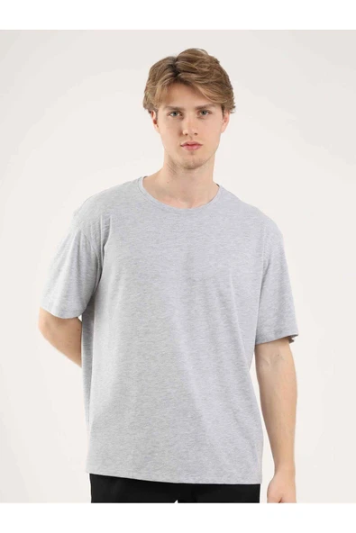 Dufy Gri Melanj Erkek Oversize Düz Bisiklet Yaka Tshirt - 70918 - 5