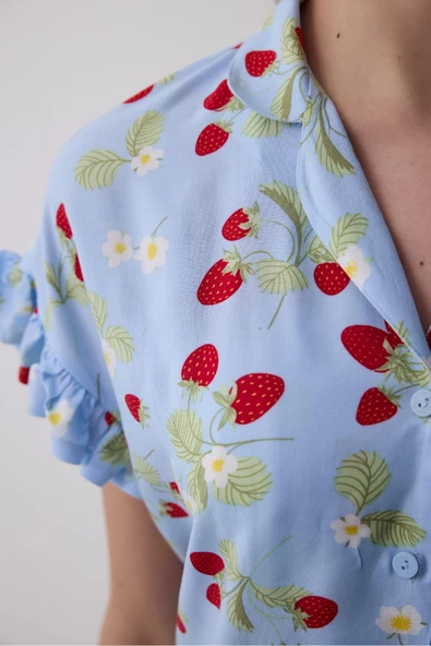Penti Strawberries Gömlek Şort Açık Mavi Pijama Takımı - 4