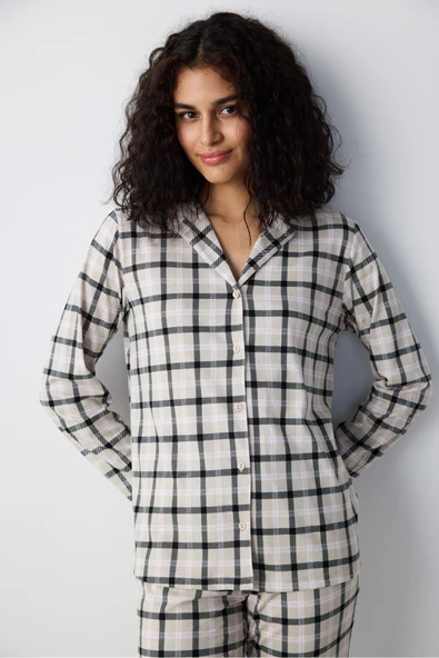 Penti Düğmeli Pamuklu Alia Gri Gömlek Pantolon Pijama Takımı - 3