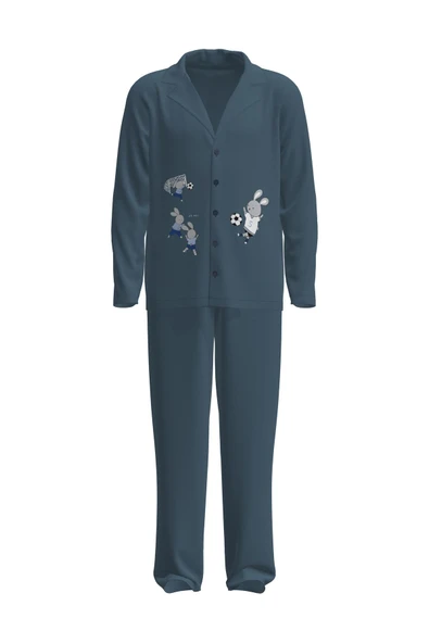 Penti Pamuklu Erkek Çocuk Footbunny Beyaz Düğmeli Gömlek Pijama Takımı