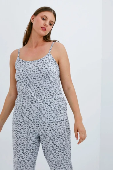 Penti Açık Gri Çiçek Desenli Atlet Pijama Üstü - 5