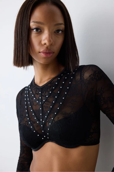 Penti Shinny Lace Dantel Uzun Kollu Siyah Croplet - 3