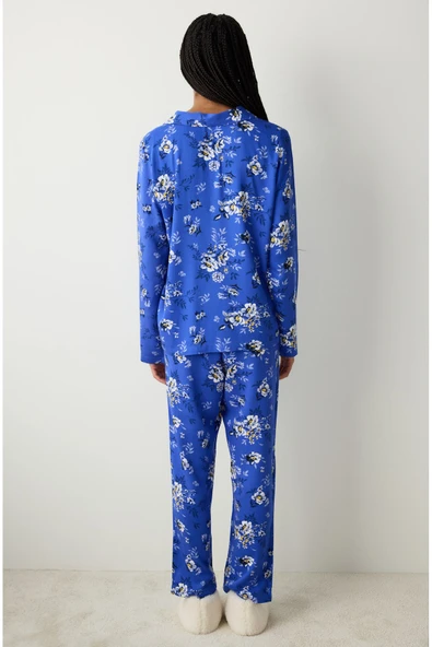 Penti Çiçek Baskılı Saks Mavisi Gömlek Pantolon Pijama Takımı - 4