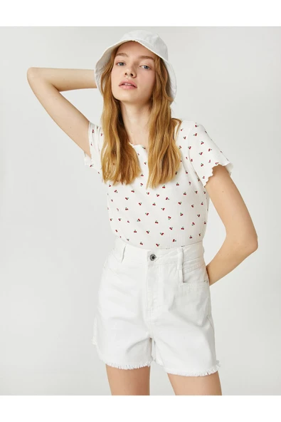 Koton Crop Tişört Kısa Kollu Yuvarlak Yaka Minimal Baskılı