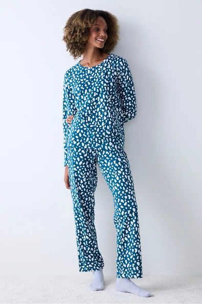 Penti Pamuklu Blue Leopard Petrol Yeşili Pantolon Pijama Takımı