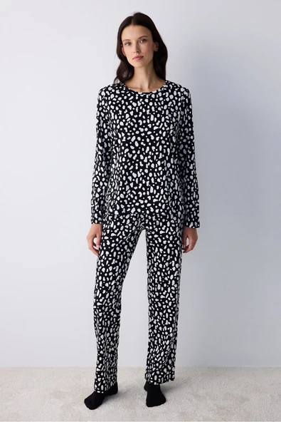 Penti Pamuklu Dark Leopard Siyah Pantolon Pijama Takımı