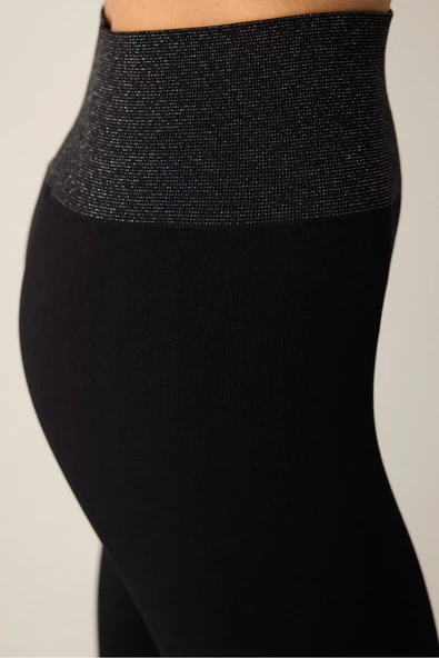 Penti Siyah Yüksek Bel Dikişssiz Bilek Boy Simli Tayt - 3