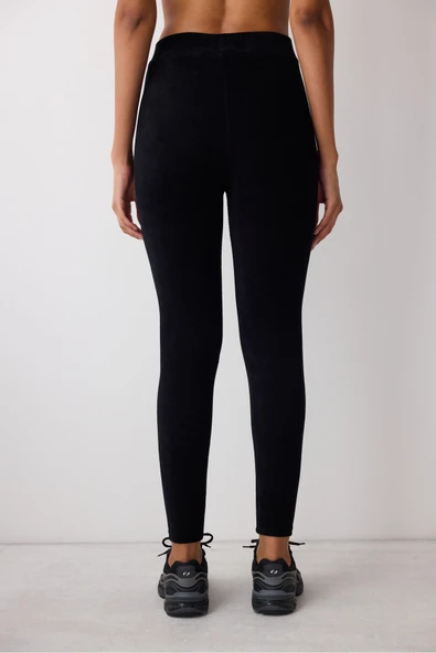 Penti Siyah Yüksek Bel Ribanalı Kadife Tayt - 4